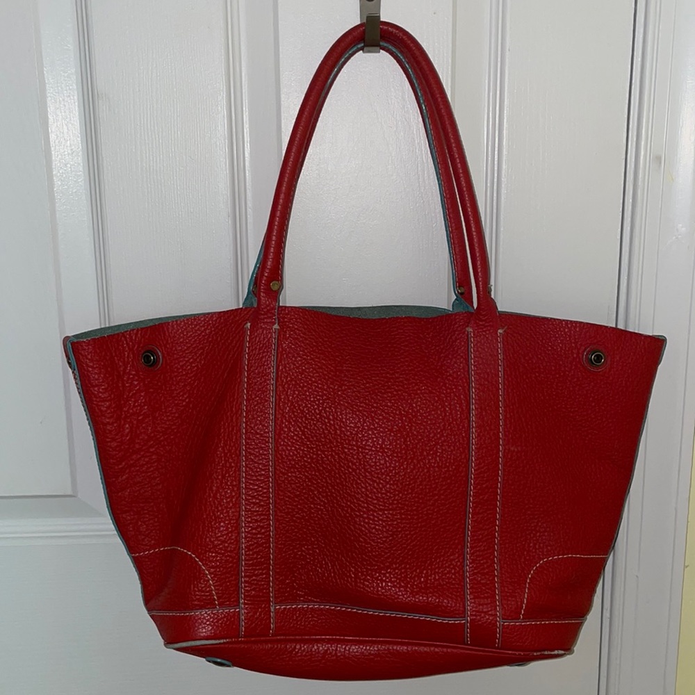 J Crew Borge Garveri Pebbled Leather Brick Red/Teal interior Uptown Tote Bag